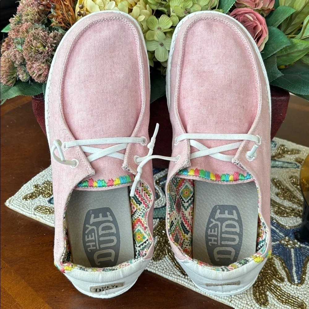 Hey Dude Wendy Boho Rose Pink Lightweight Slip-On Canvas Sneakers Colorful Trim